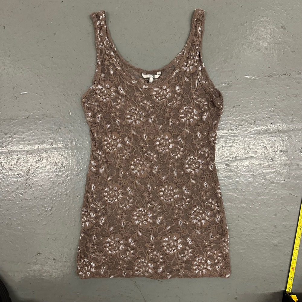 Modern BKE Womens Tank Top Small Brown Preowned Floral Lace Metallic Shimmer